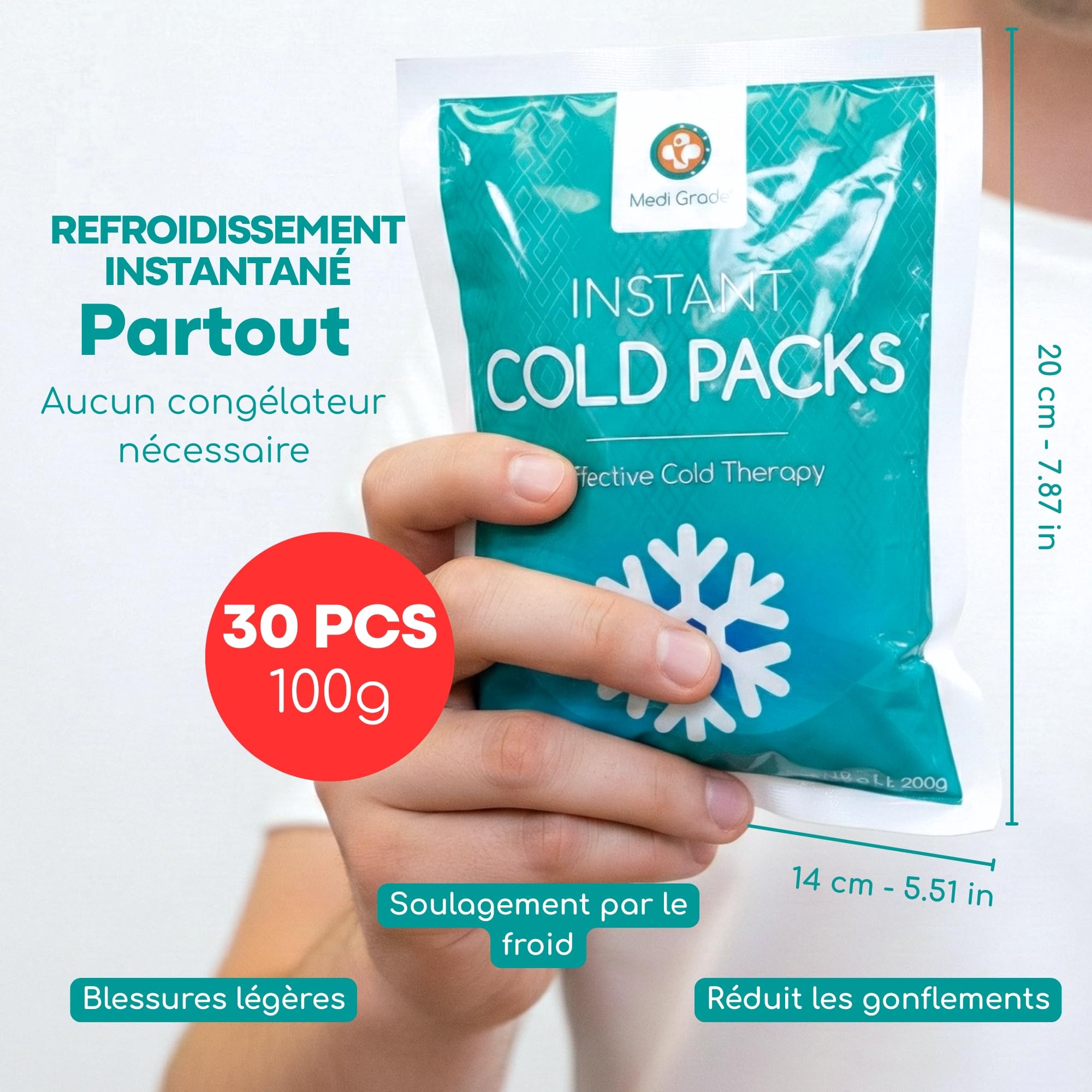 Medi Grade Poche de Glace, 30 Packs de Glace de 100 g (11,43 x 15,24 cm) – Compresse Froide Instantanée – Poche de Froid Pour la Cheville et le Genou avec Bande de Fixation, Pas Besoin de Congélateur