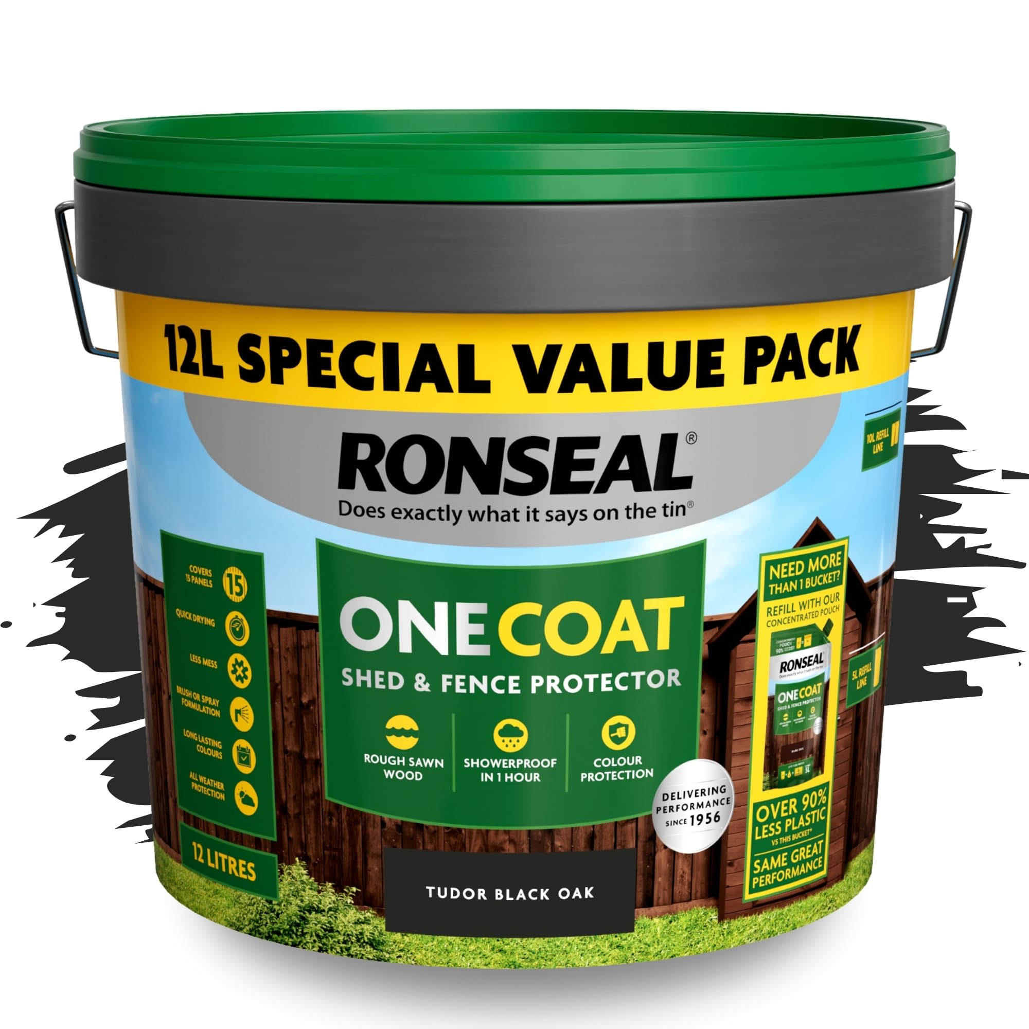 SAVING HUB One Coat Fence Paint 12L- Garden Wood Stain - Outdoor Shed & Timber Protection for Fencing, Trellis & Panels - Weather Resistant, Matt Finish, Quick Dry Formula (Tudor Black Oak, 12 Liter)