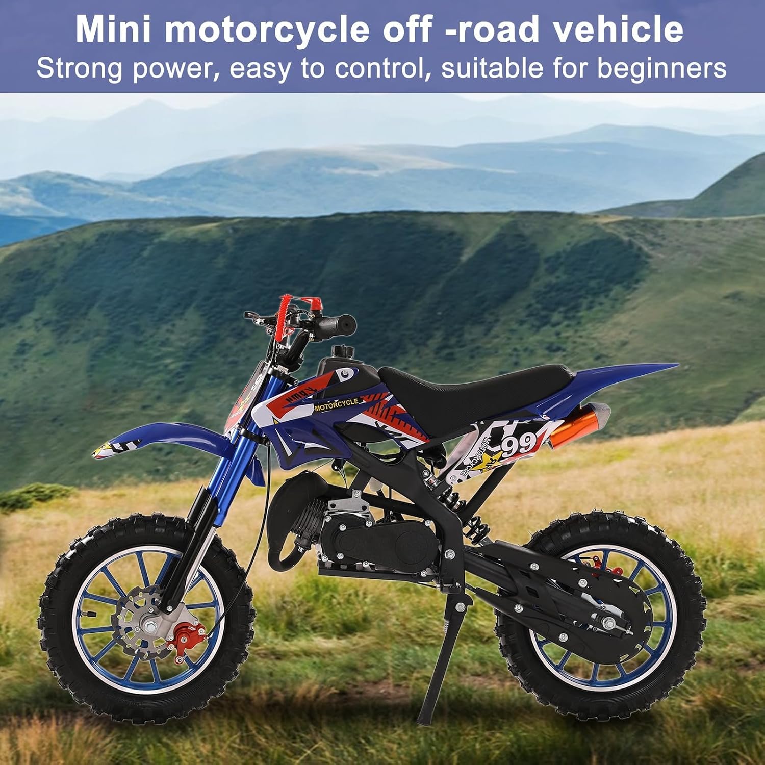 50cc Kids Dirt Bike, Dirt Bike for Kids, Mini Bikes with 2-Stoke, Gas Power Motocross, Off Road Mini Motorcycle, Pocket Motorbike with Front Rear Disc Brakes, Racing Max Speed 40KM/H Blue