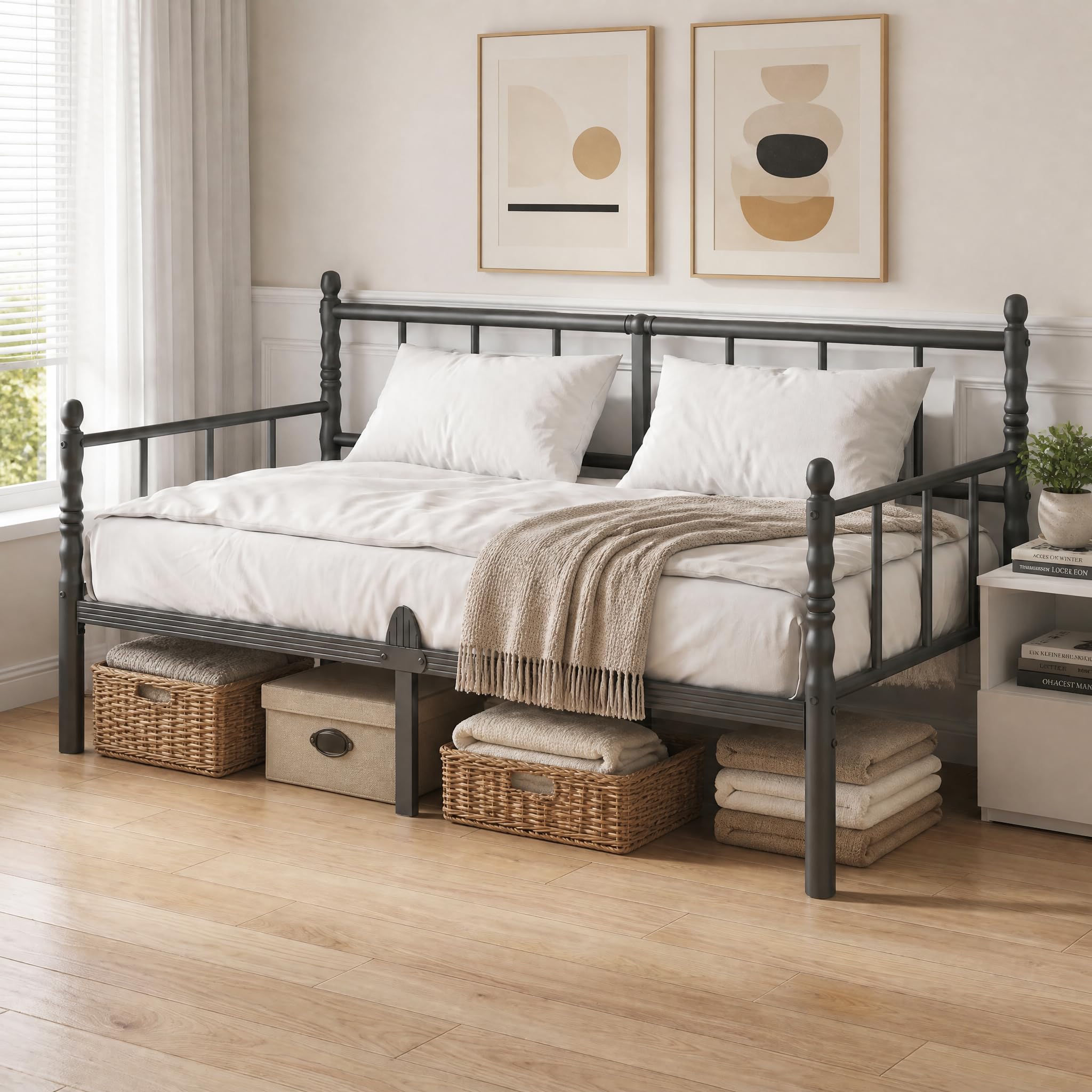 Apextella Home 3ft Metal Day Bed Frame with Headboard and Slatted,Single Bed Frame with Mattress Slide Stopper,Underbed Storage Space and Easy Assembly Daybed for Bedroom Living Room Guest Room, Black