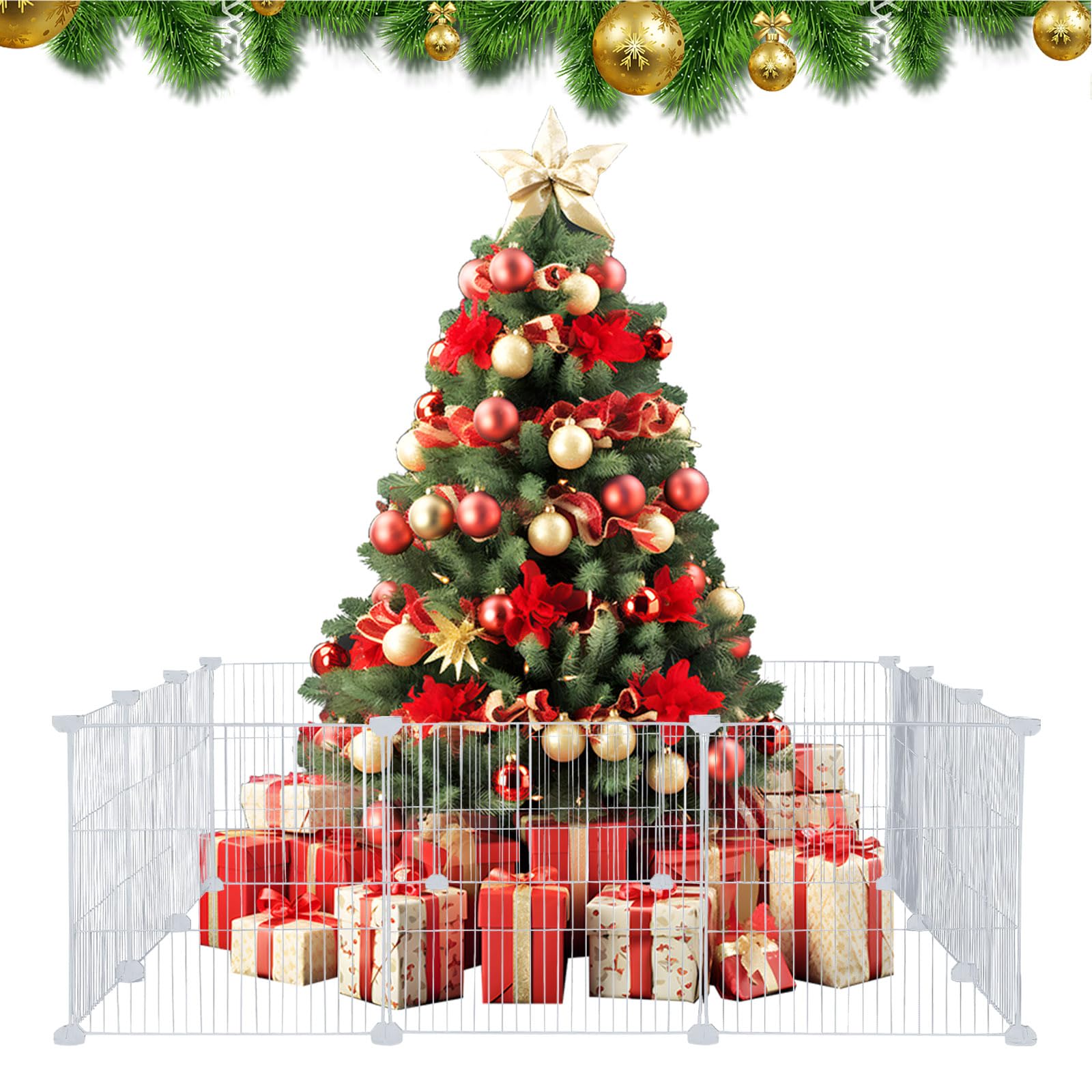 12 Pieces Christmas Tree Fences, White Metal Christmas Tree Gate Panels Picket Fence Pets Cat Proof Indoor Garden Decoration Fence for Holiday Party Office Home Christmas Tree Decor