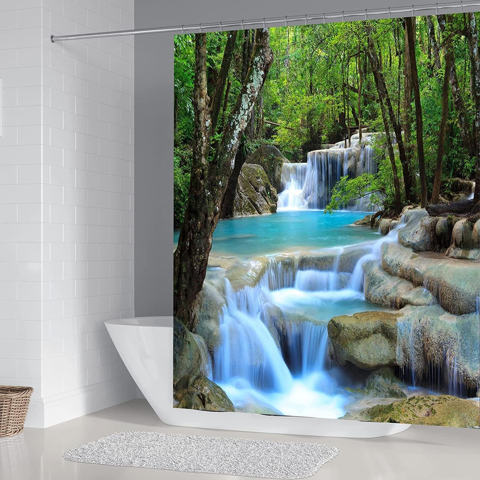 UIYIUI Waterfall Shower Curtain 39X79in/100x200cm Spring Forest Natural Scenery, Tropical Jungle Green Tree Garden Polyester Fabric Waterproof Bathroom Curtain for Bathtub Stall Restroom Decor