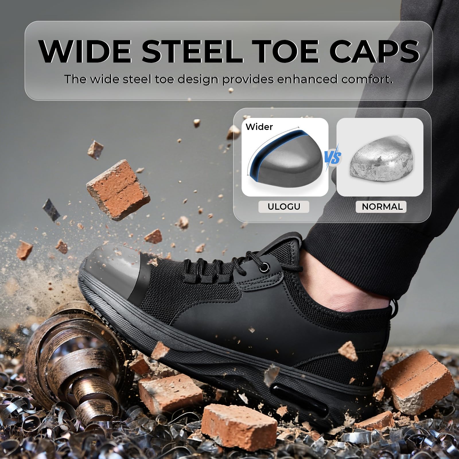 Ulogu Wide Steel Toe Shoes for Men Women Waterproof Thick Sole Non Slip Safety Sneakers Comfortable Puncture Proof Indestructible Work Shoe - 3
