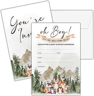 Oh Boy! Baby Shower Invitations, 25 Double-Sided Adventure Baby Shower Invites with Envelopes, Woodland Animals Party Decorations Supplies Favors - A01