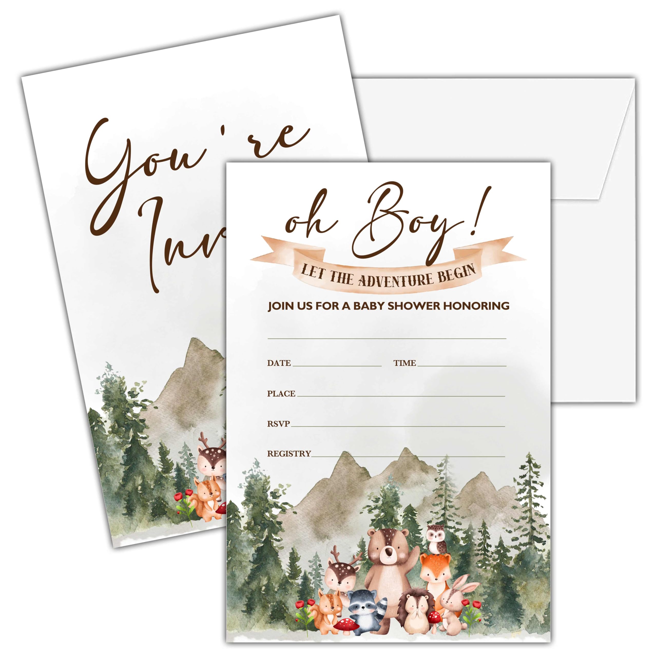 25-Pack 'Oh Boy!' Double-Sided Adventure Woodland Animals Baby Shower Invites