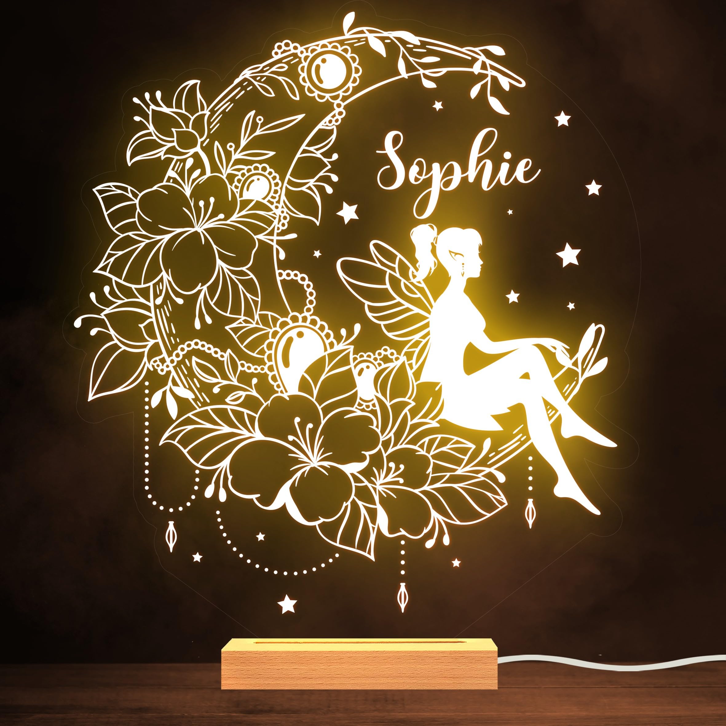 Girly Fairy & Crescent Moon Illustration Personalised Gift Lamp Night Light | Home & Room Décor | Kids & Adults Night Lights With Name | Bedroom Gift
