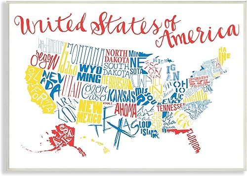 Stupell Industries Mapa tipográfico de Estados Unidos de América, tonos primarios, diseñado por Jace Grey Placa de pared, 13 x 19 pulgadas, azul