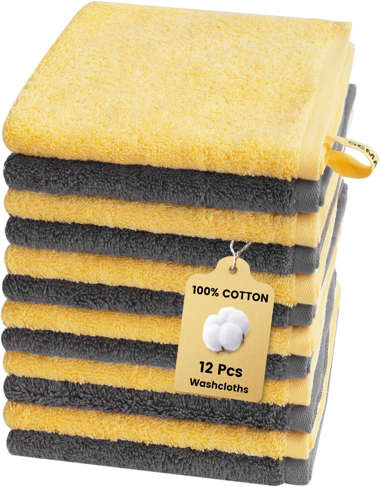 SEMAXE 100% Cotton Washcloths 12-Pack, 13 × 13 Inch Soft Luxury Face Towels – Super Absorbent & Quick-Dry, Premium Cloth with Hanging Loop, Oeko-TEX