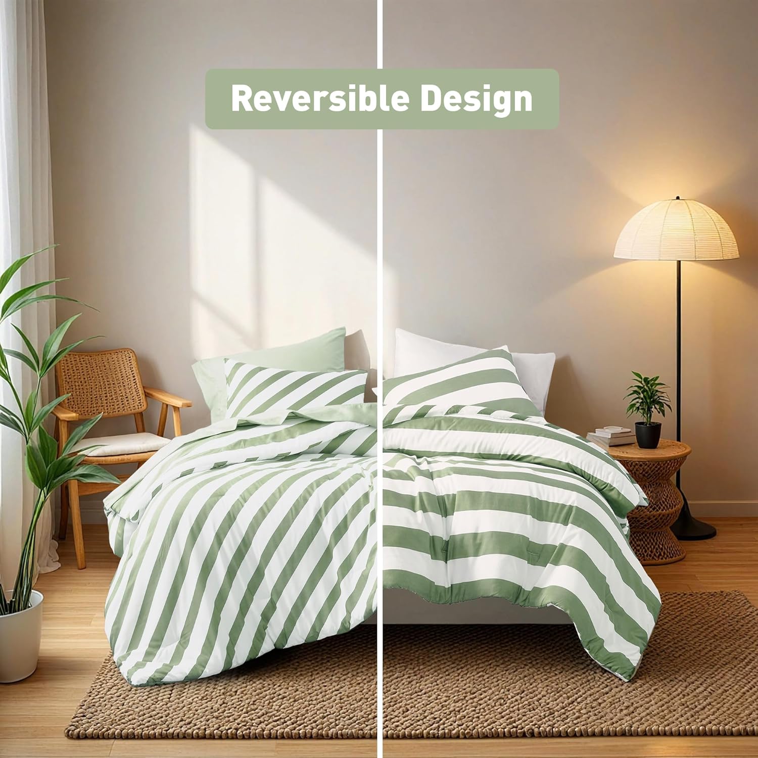Reversible Striped Queen Comforter Set, Soft Microfiber Bedding Set with Double-sided Stripes Design, Warm & Cozy for All-Seasons, 3-Piece Comforter and Shams Set Queen Size, Sage Green - Image 3