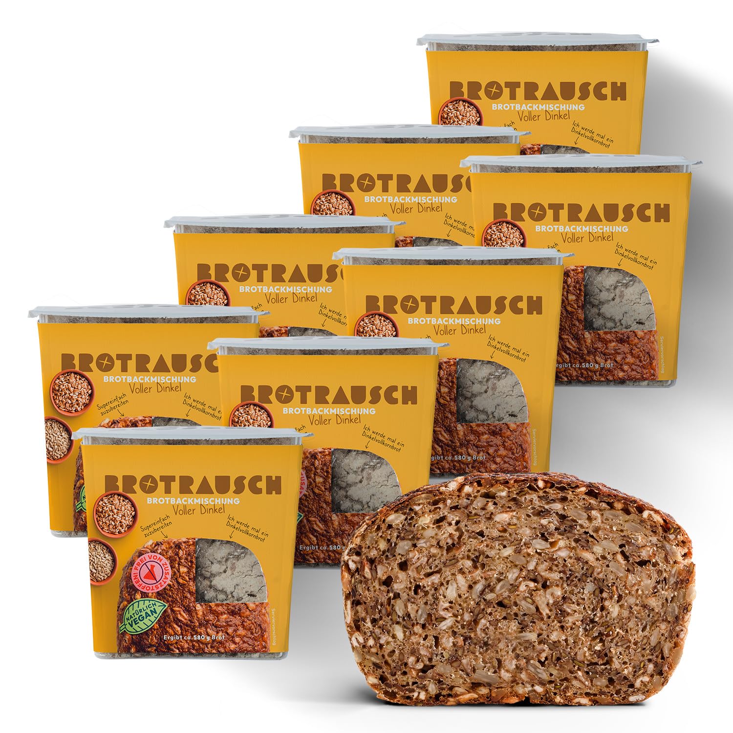 Brotrausch Dinkelvollkornbrot Backmischung (8x 400g) – Urkorn Dinkelbrot - Natürlich, Vegan & Ohne Zusätze – Ballaststoff- und Proteinreiches Vollkornbrot