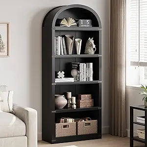 GarveeHome Bookcase 5 Shelf Arched Bookshelf 71.65in Tall Bookcase Farmhouse Display Storage Rack Wooden Bookshelves for Home Office, Living Room