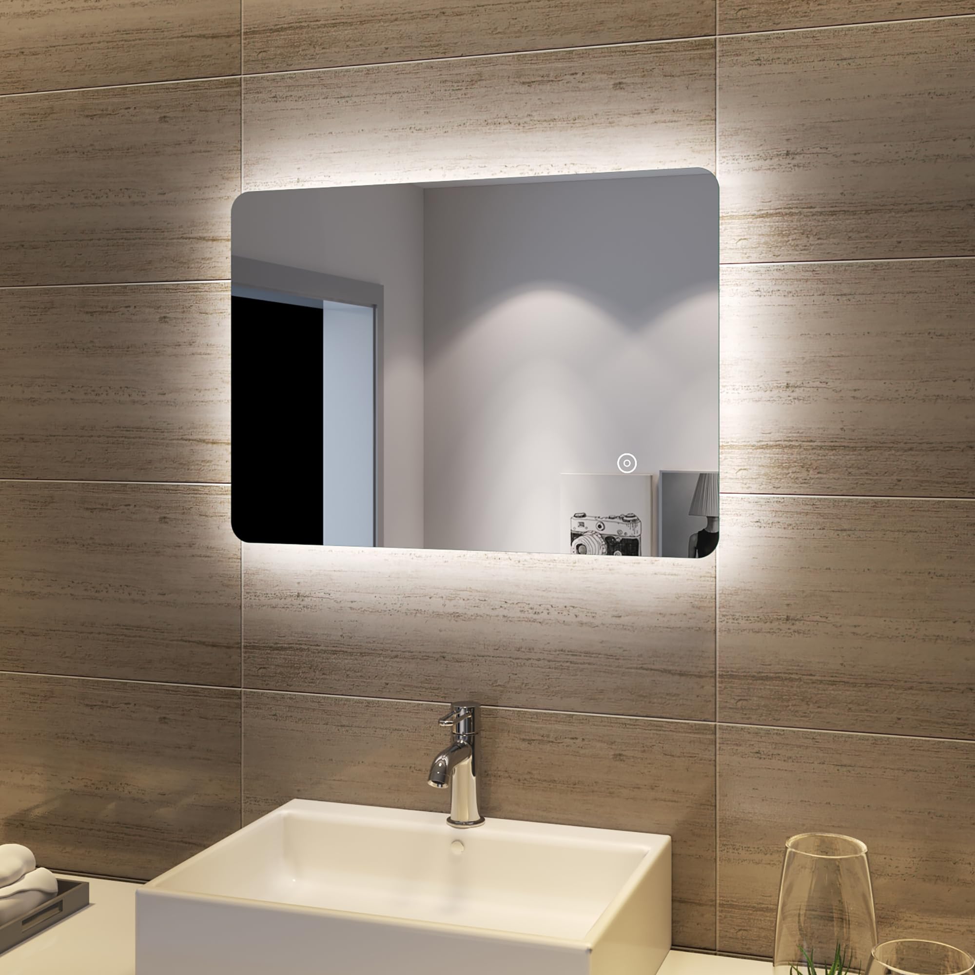 SONNI Espejo de Baño con Luz LED con Interruptor Tátil 70x50 cm Blanco Frío IP44 Espejo de Pared de Ahorro de Energía