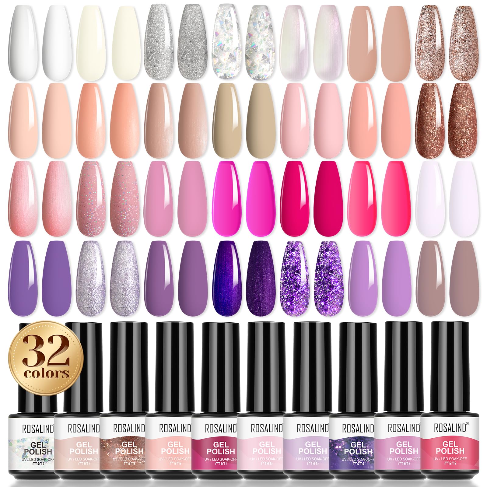 ROSALIND 32 PCS Esmalte Semipermanente, 28 Colores Pintauñas Semipermanentes con Base Coat Top Coat Matte Primer, UV LED Esmalte de Uñas Semipermanentes Blanco Nude Rosa Violeta Mini