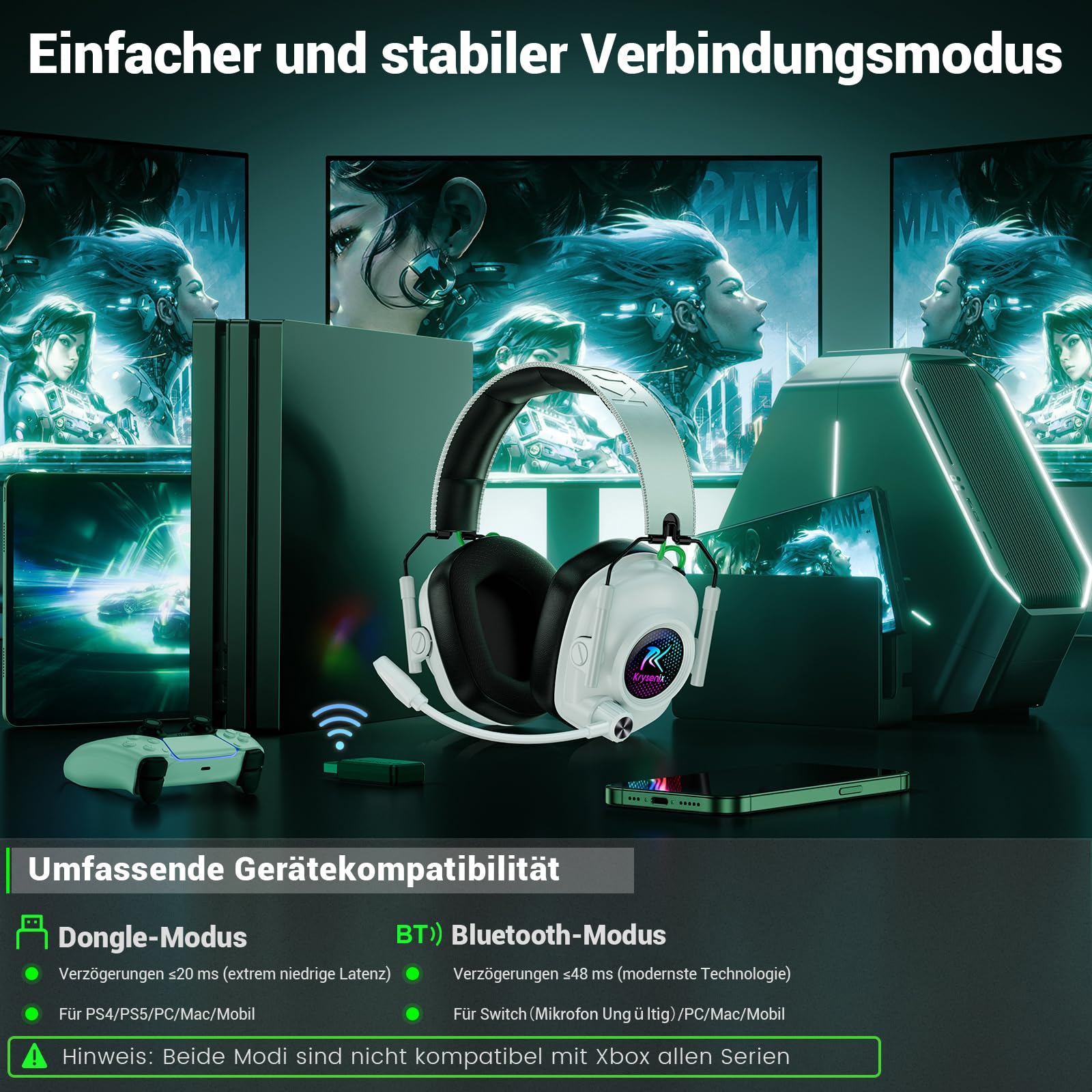 Krysenix KGH2 Gaming Headset Wireless für PS4, PS5, PC, Mac, Switch, 2.4GHz Faltbares Kabelloses Headset mit Mikrofon&LED, 40H Akkulaufzeit, Reines Weiß