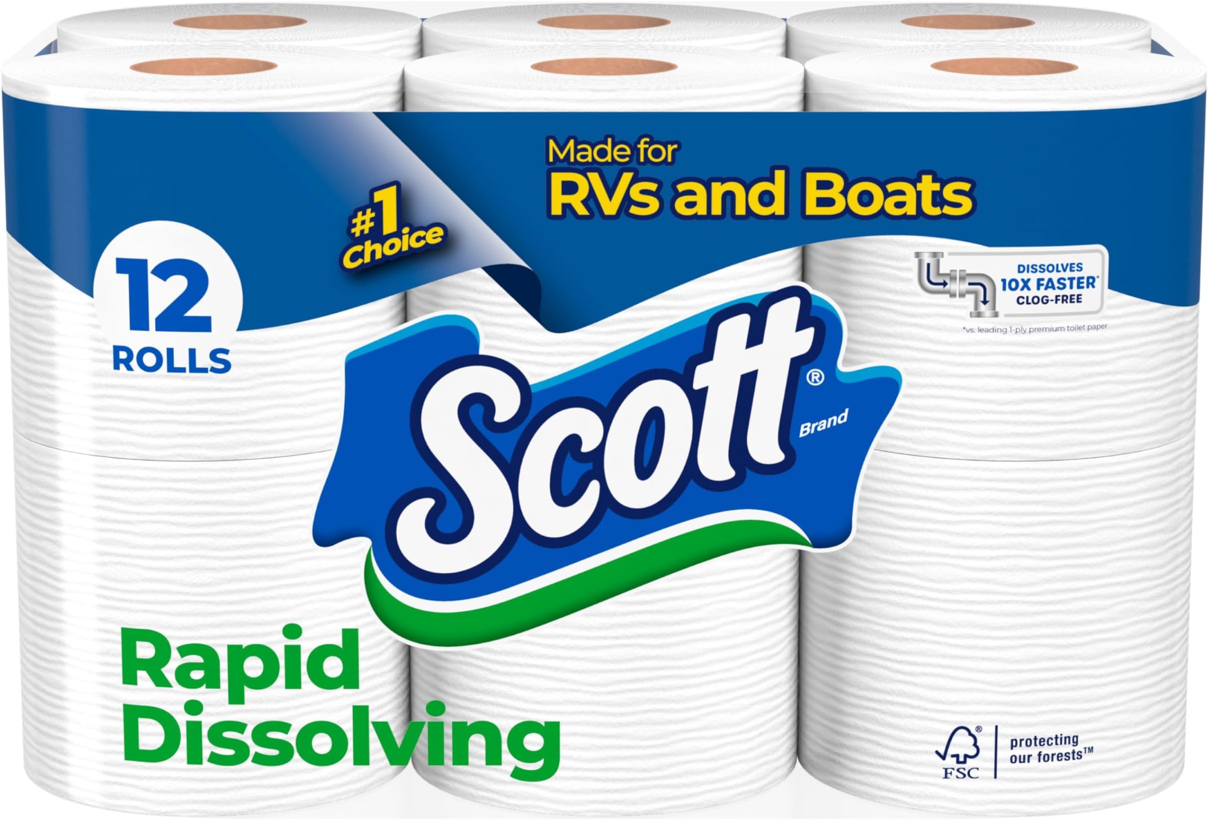 Rapid-Dissolving Toilet Paper, 12 Double Rolls, Septic-Safe, Toilet Paper