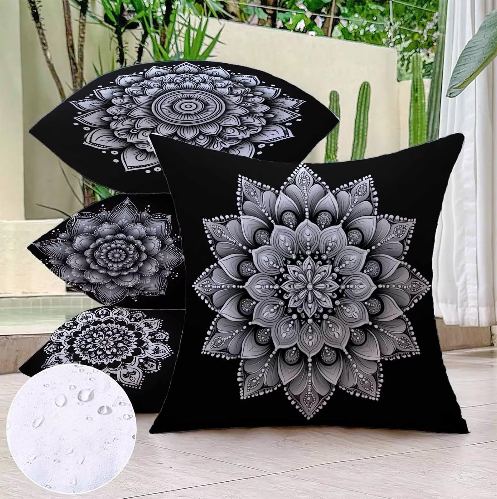 Coussin Canape Fleur Housse Coussin 80 x 80 cm Lot de 4, Noir Exterieur Impermeable Carrée Lin Taie Oreiller Motifs Impression Recto Verso Conception Pour Décoration Maison Salon de Jardin PjY4505 4-7