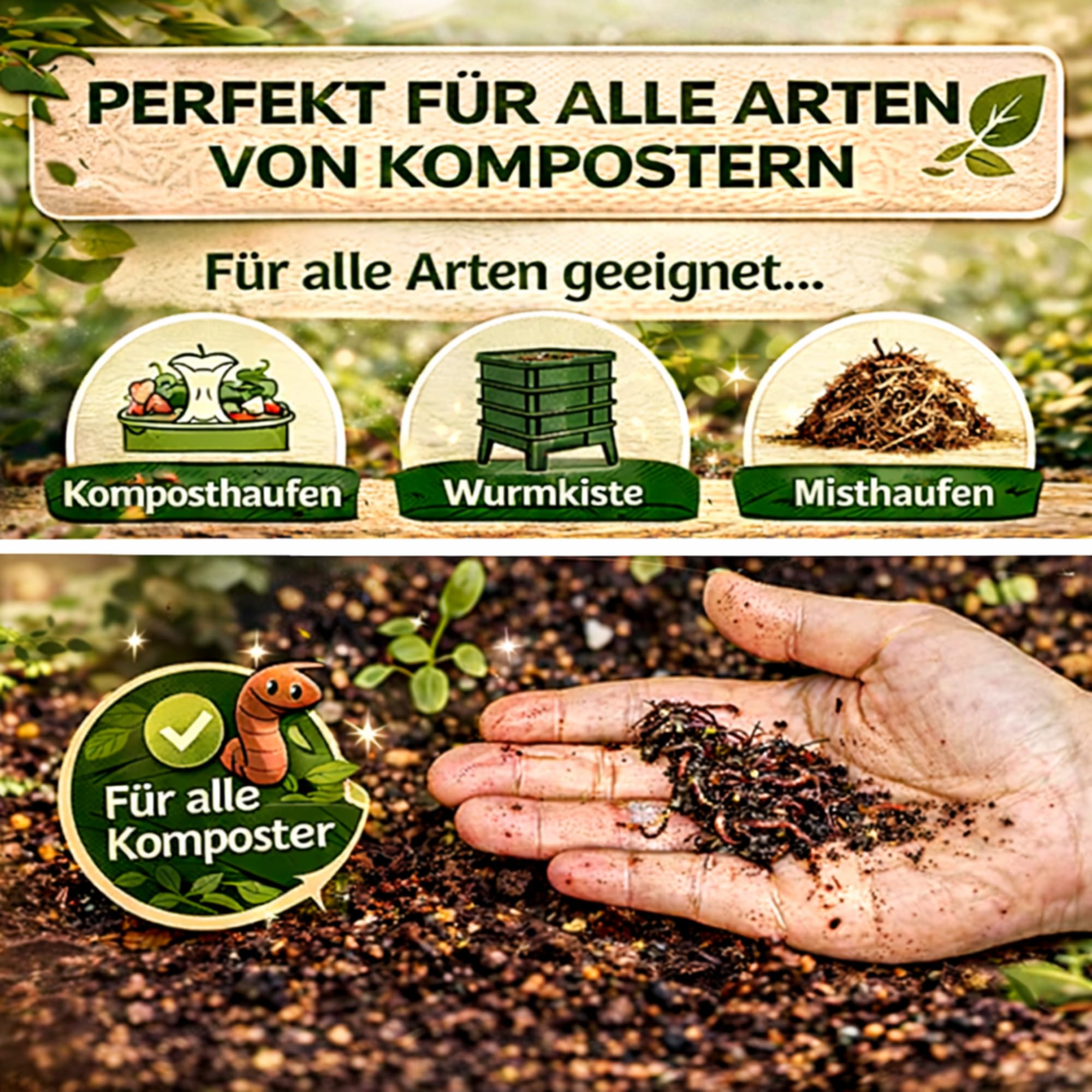 Kompostwürmer Eisenia Mix (1000, 2000, 6000 oder 8000 Stück) – 3 Arten für Wurmkiste, Komposter und Garten – Eisenia fetida, Andrei & hortensis (Dendrobena) – mit Wurmhumus Substrat