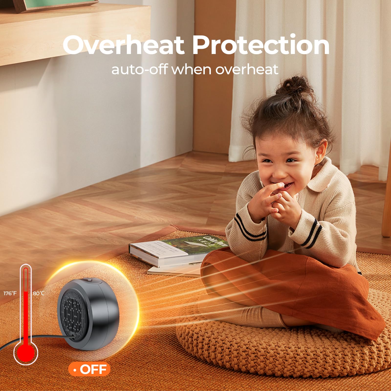 Space Heater, Portable Electric PTC Ceramic Heaters for Indoor Use, 2S Efficient Heating, Tip-Over & Overheat Protection, Quiet Small Mini Desk Heater for Bathroom Home Office Bedroom