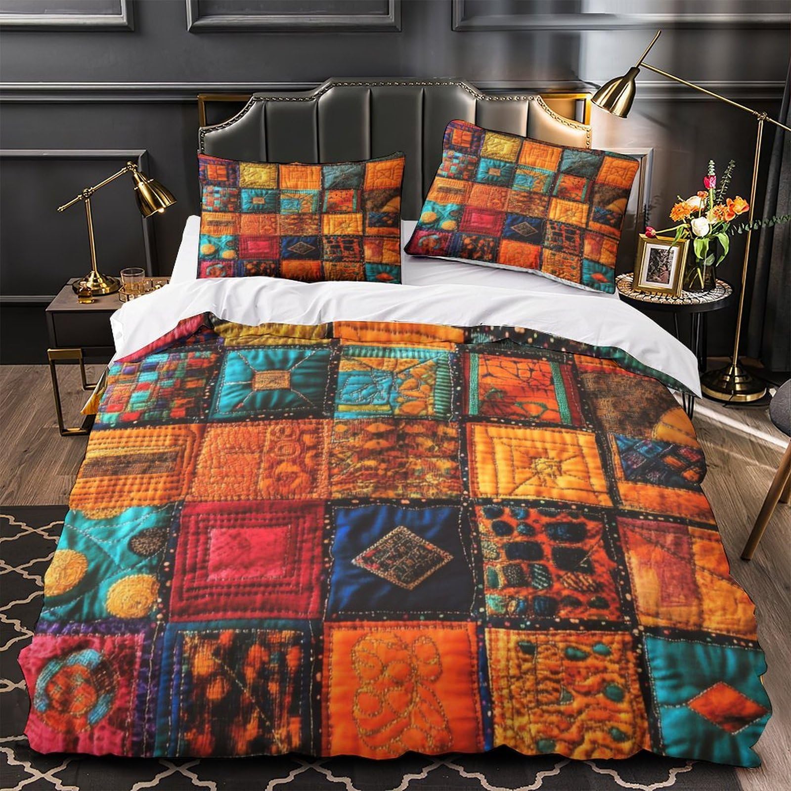 Parure de lit 200x200 microfibre effet 3D patchwork multicolore