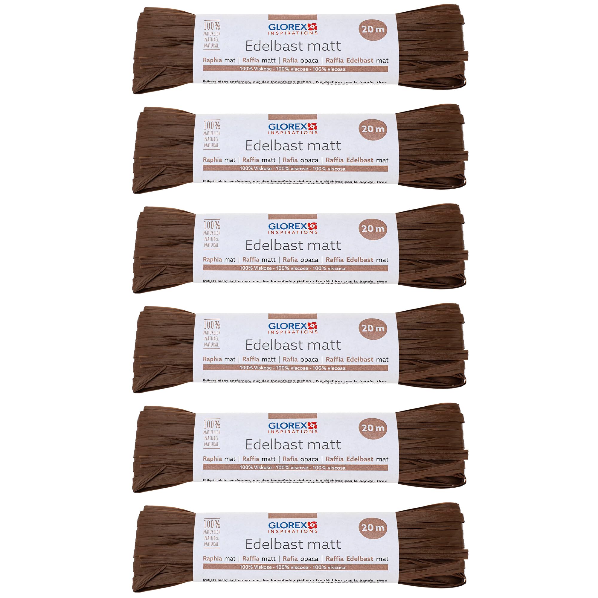 GLOREX 6 9400 514K Raffia Edelbast, 6 Bundles Each 20 m Matte Raffia, Dark Brown - for Crafts, Decoration or for Arrangements, Bouquets and Other Floristic Works