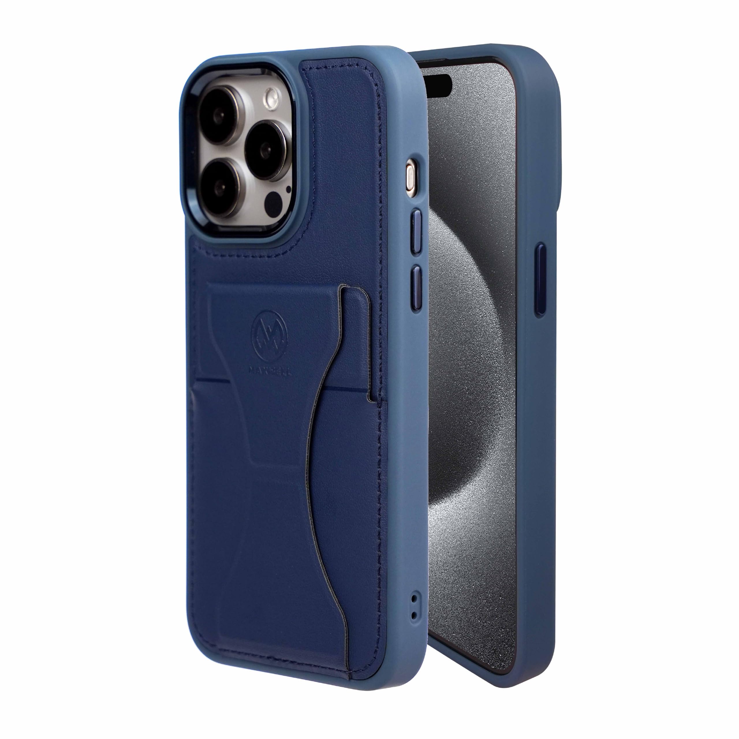 MaxwellFolding Card Slot Case Compatible with iPhone 15 Pro Max - Drop-Proof, Full Protection with Metallic Camera Lens Protection, Built-In Card Holder, Viewing Stand - (Blue)