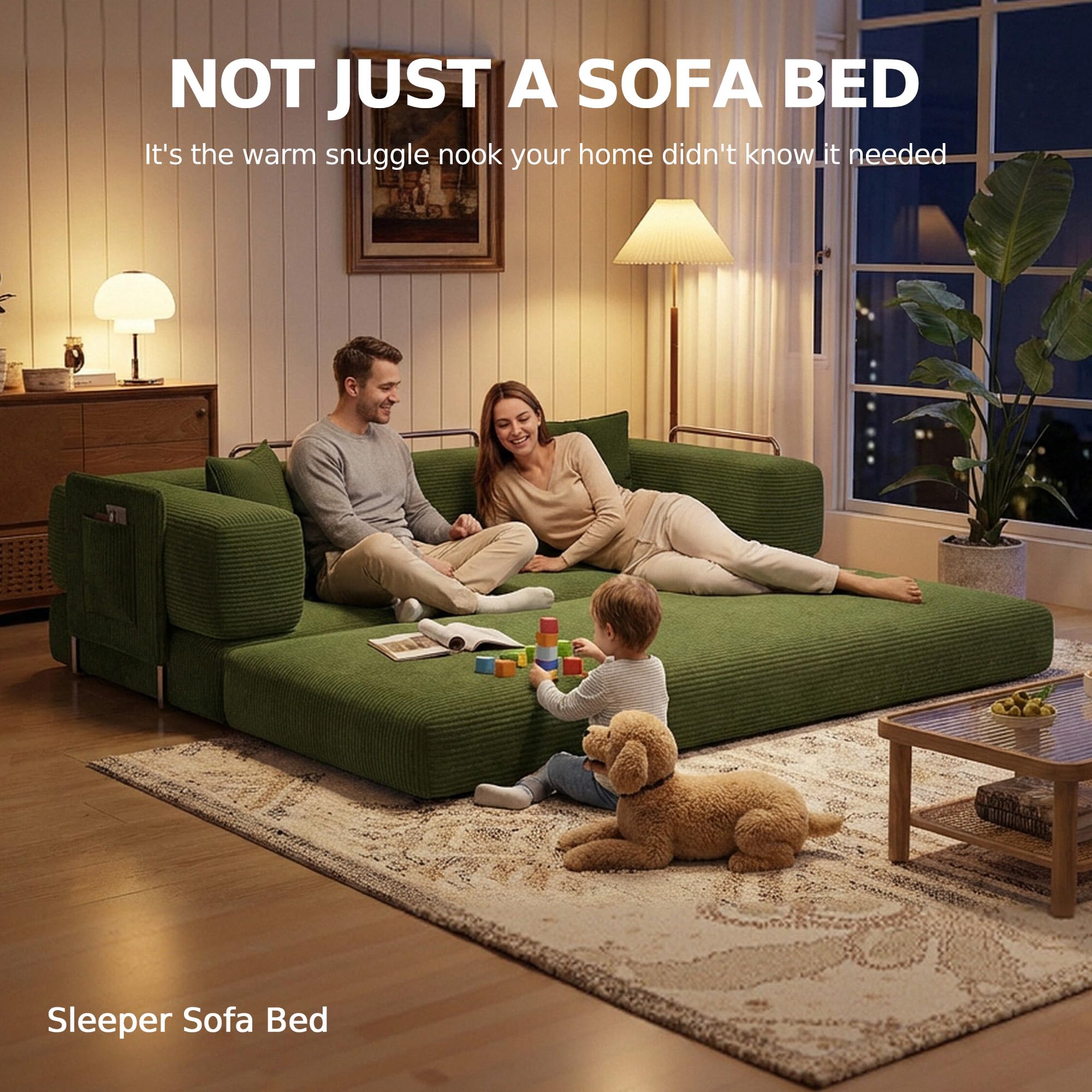 MoonSpeak 78.8'' Futon Sofa Bed, Boneless Couches for Living Room | Corduroy Convertible Futon Sofa Bed with Storage Pocket, Modular Sleeper Couch in a Box, No Assembly (Green)