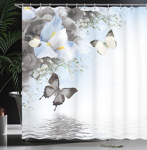 Miniatura 3 de Ambesonne Cortina de ducha floral, diseño de flores silvestres monarca voladoras lirio en lago Therapy Spa, juego de decoración de baño de tela con