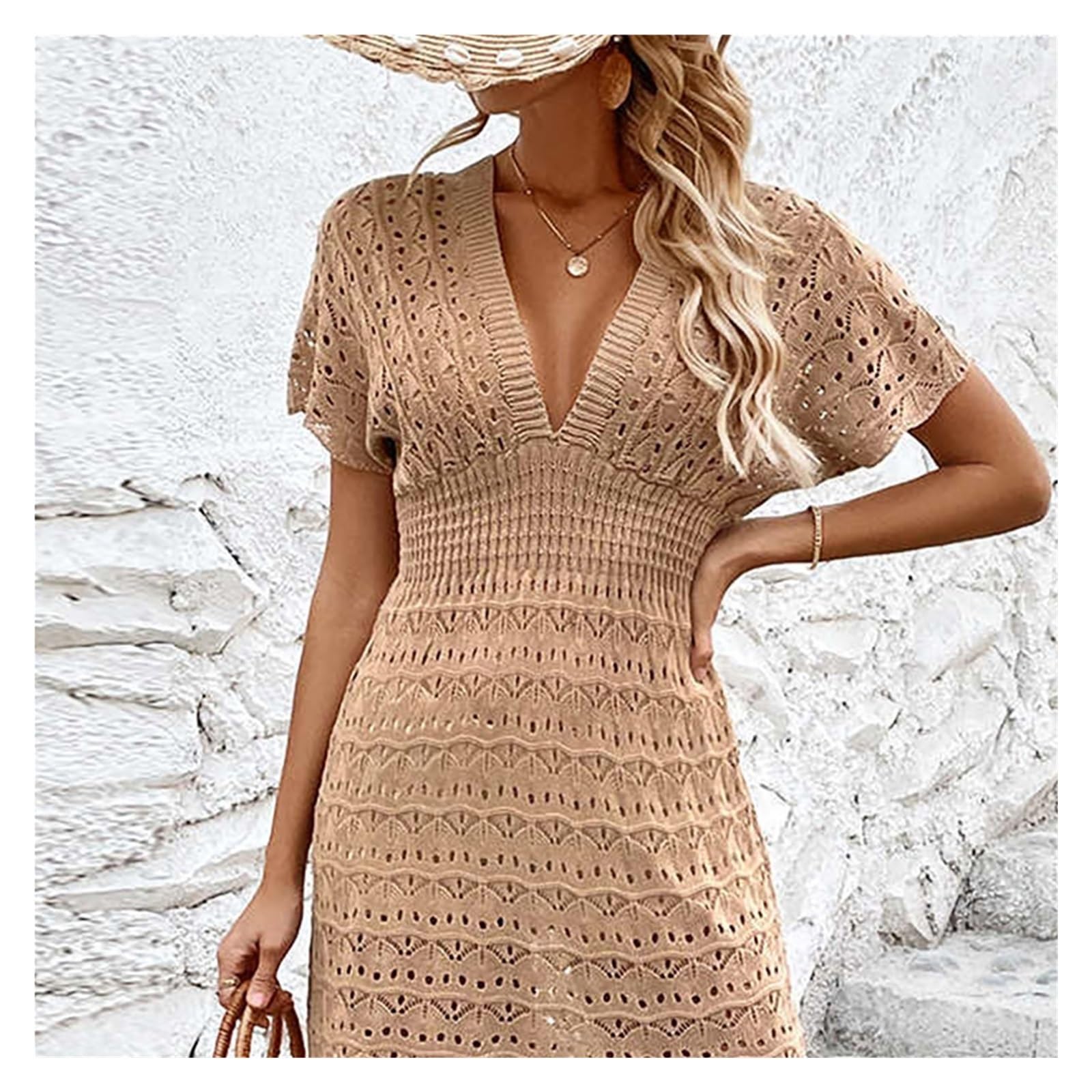 Robe de Plage en Crochet Manches Courtes col en V Crochet tricoté Mini Robe Tunique Plage Couvrir de vêtements Femmes