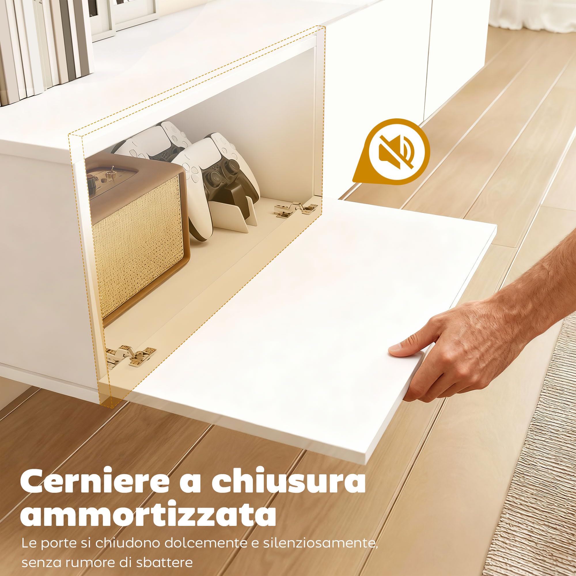 HOMCOM Mobile TV Sospeso, Mobile Porta TV Fino a 82" con Armadietti 3 Ante a Ribalta Soft Close, Mobiletto per Televisore per Soggiorno, Camera da Letto e Salotto, 180x31.5x29.8 cm, Bianco
