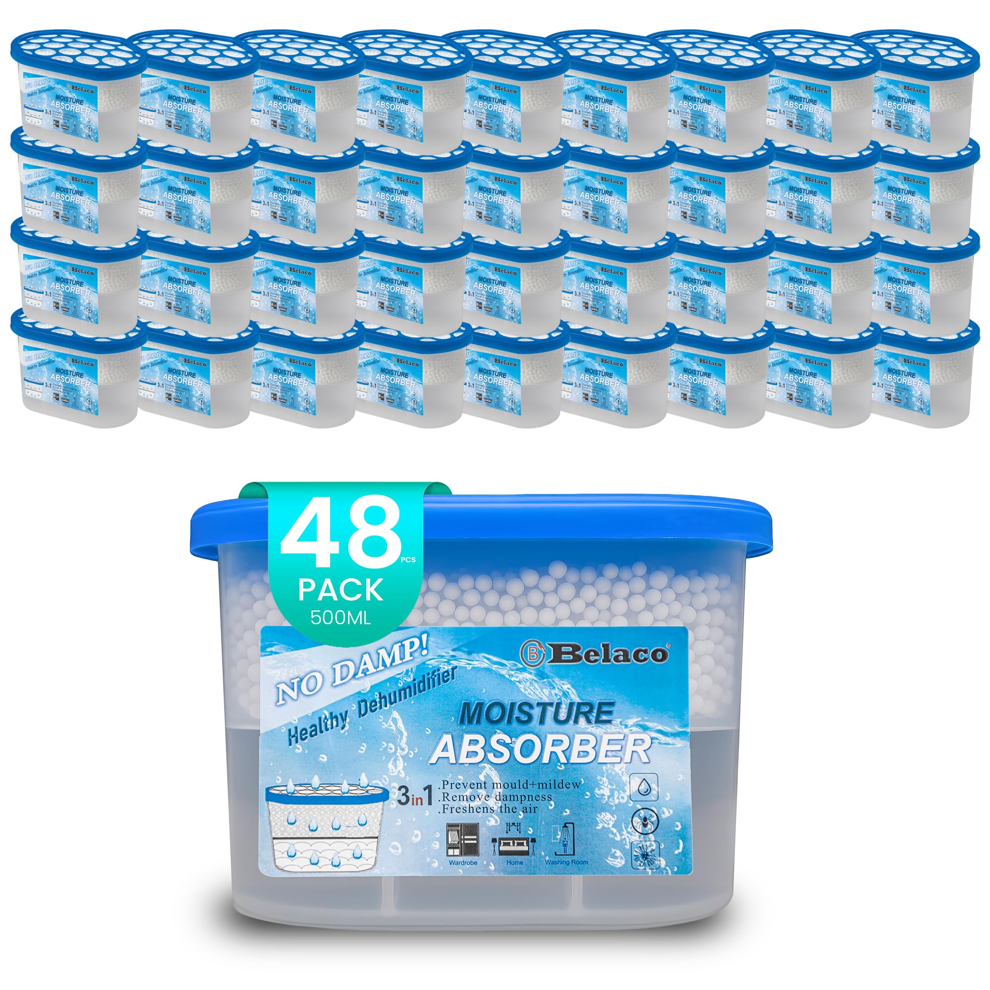 Belaco Dehumidifier Pack Prevent Mould & Mildew, Eliminating Musty Odor, Remove Dampness, Absorb Excess Mositure in Home, Kitchen, Bathroom, Bedroom, Wardrobe, Caravan, Office, Basement (Pack of 48)