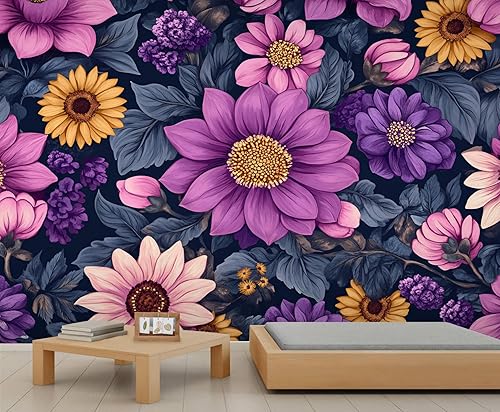 Miniatura 31 de Mural de pared floral retro, papel tapiz de barra de flores coloridas de mediados de siglo, papel tapiz rústico floral 3D impermeable para Retro