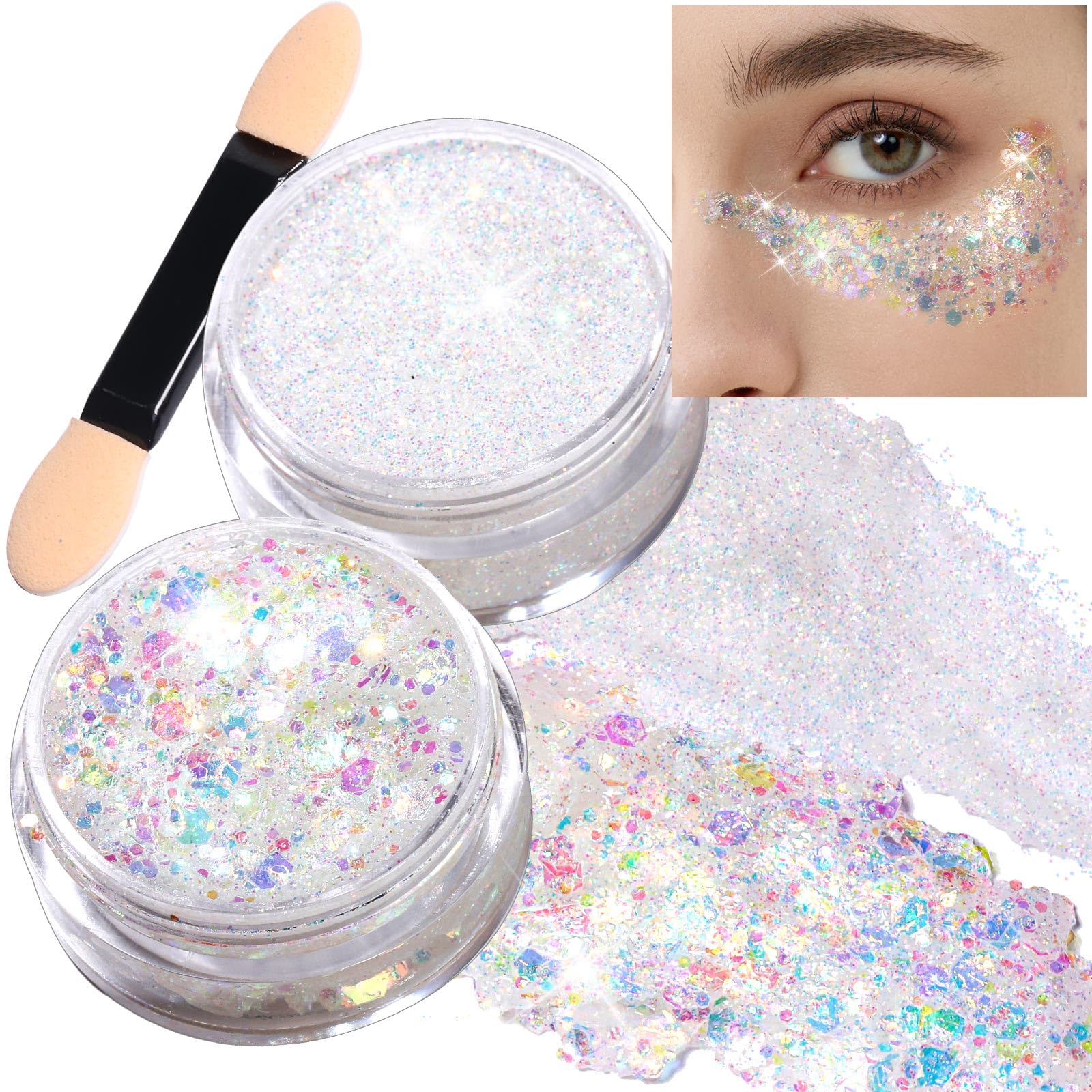 TeenitorFace Glitter, 2pcs Body Glitter Gel, Hair Glitter Gel, 20g/0.7oz Versatile Glitter Set for Face, Body, Hair, 2 Sizes White Glitter Gel for Makeup