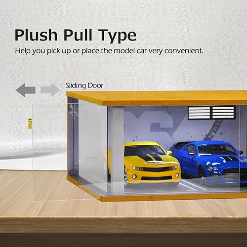 Miniatura 4 de cxiiuui Vitrina Hot Wheels a escala 118 Coche Garage Moldel con luz LED y cubierta acrílica de madera fundida a presión 2 plazas de aparcamiento gris