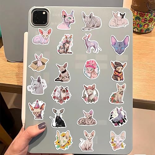 Miniatura 5 de Yoksas Lindas calcomanías de gato Sphynx, 50 calcomanías de vinilo impermeables sin pelo para portátiles, botellas de agua, recuerdos de fiesta de