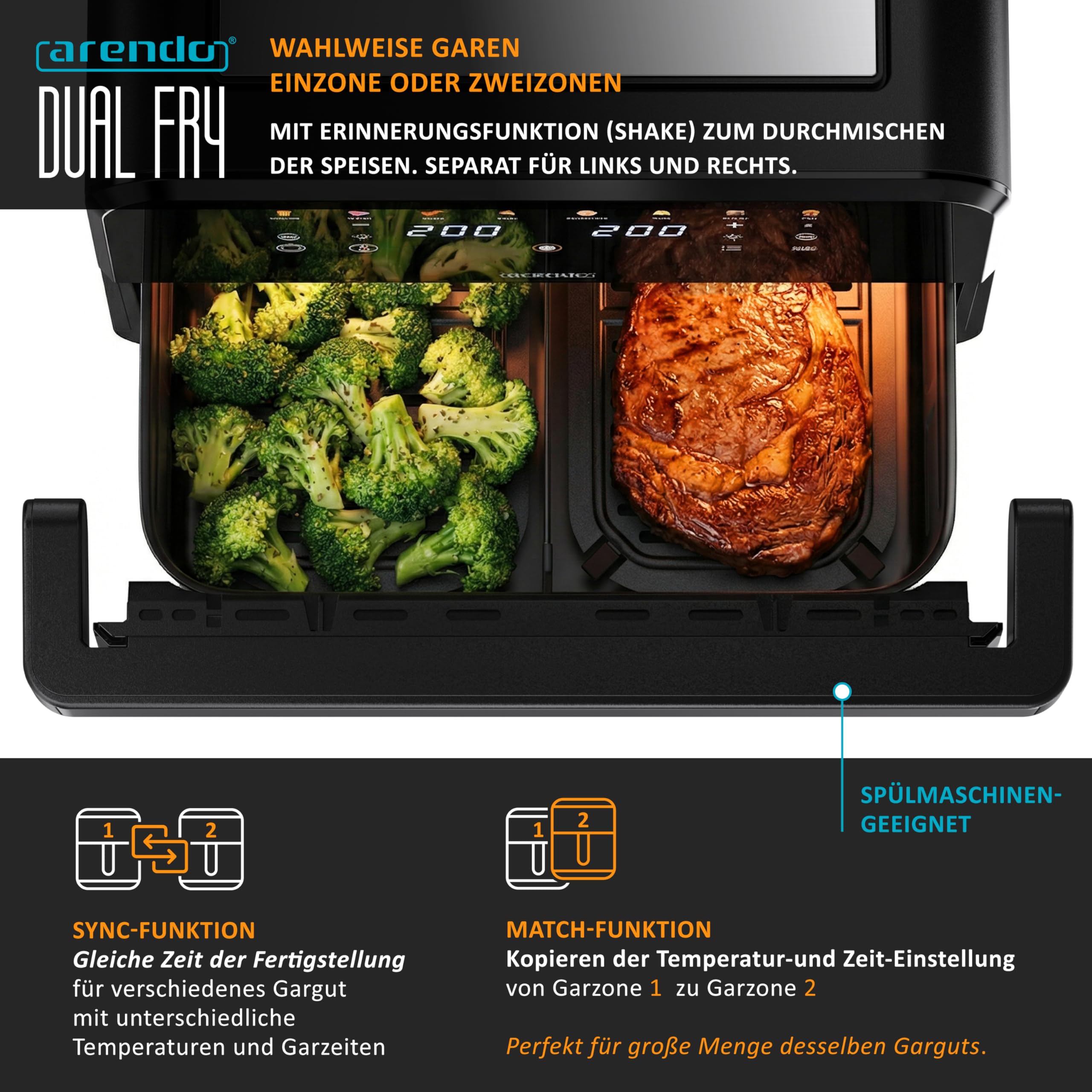 Arendo - Heißluftfritteuse XXL 12 Liter - 2 Kammern / 1 Kammer Match Funktion - extra Groß - Backofen Umluft - Grill - Dörrautomat - Air Fryer - Fritteuse ohne Öl - Pizza Hähnchen Pommes