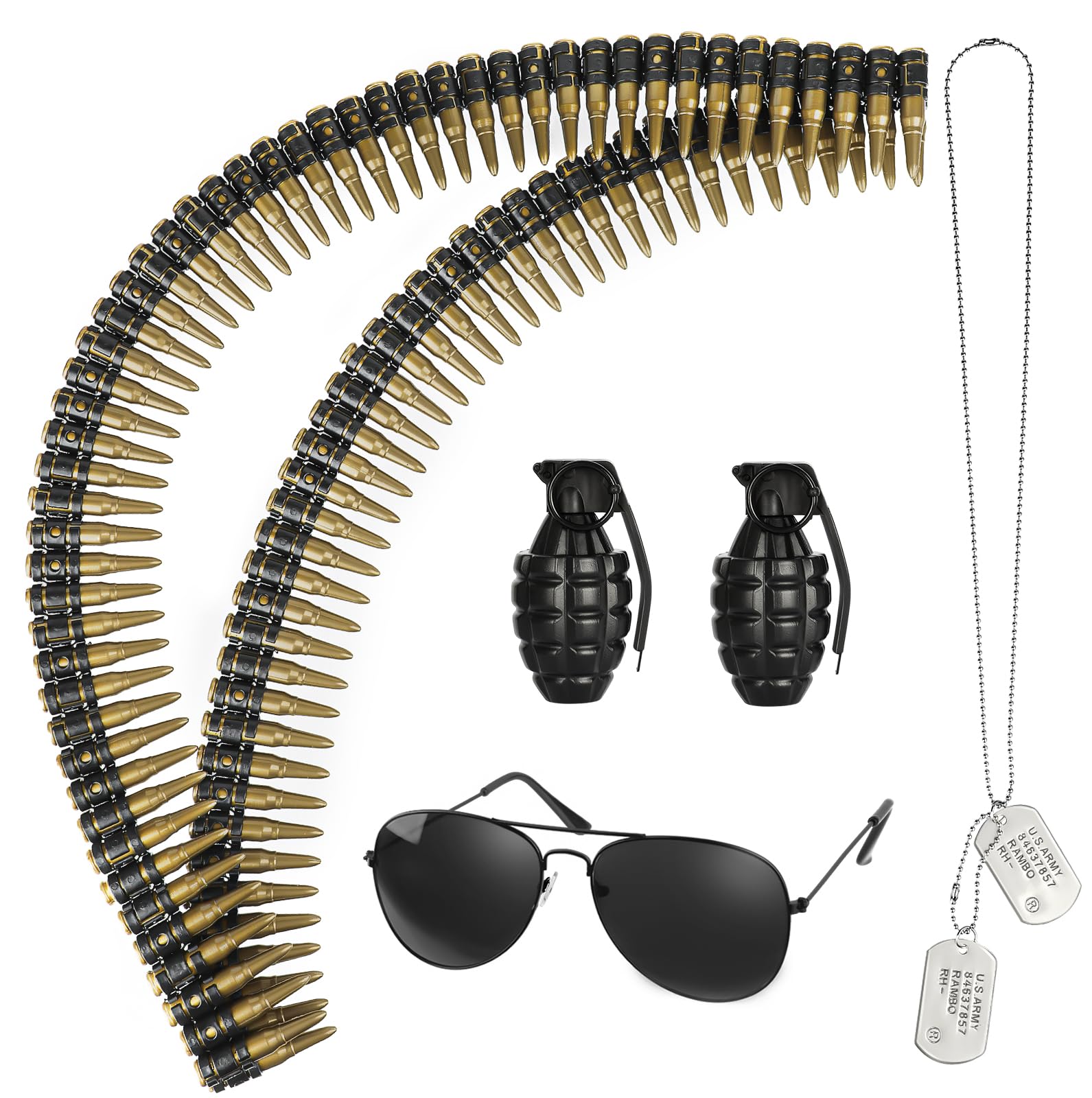 Tanganan 5pcs Fake Bullet Army Belt with Dog Tag Necklace Plastic Military Toy Ammo Costume Accessories Props for Adults Black