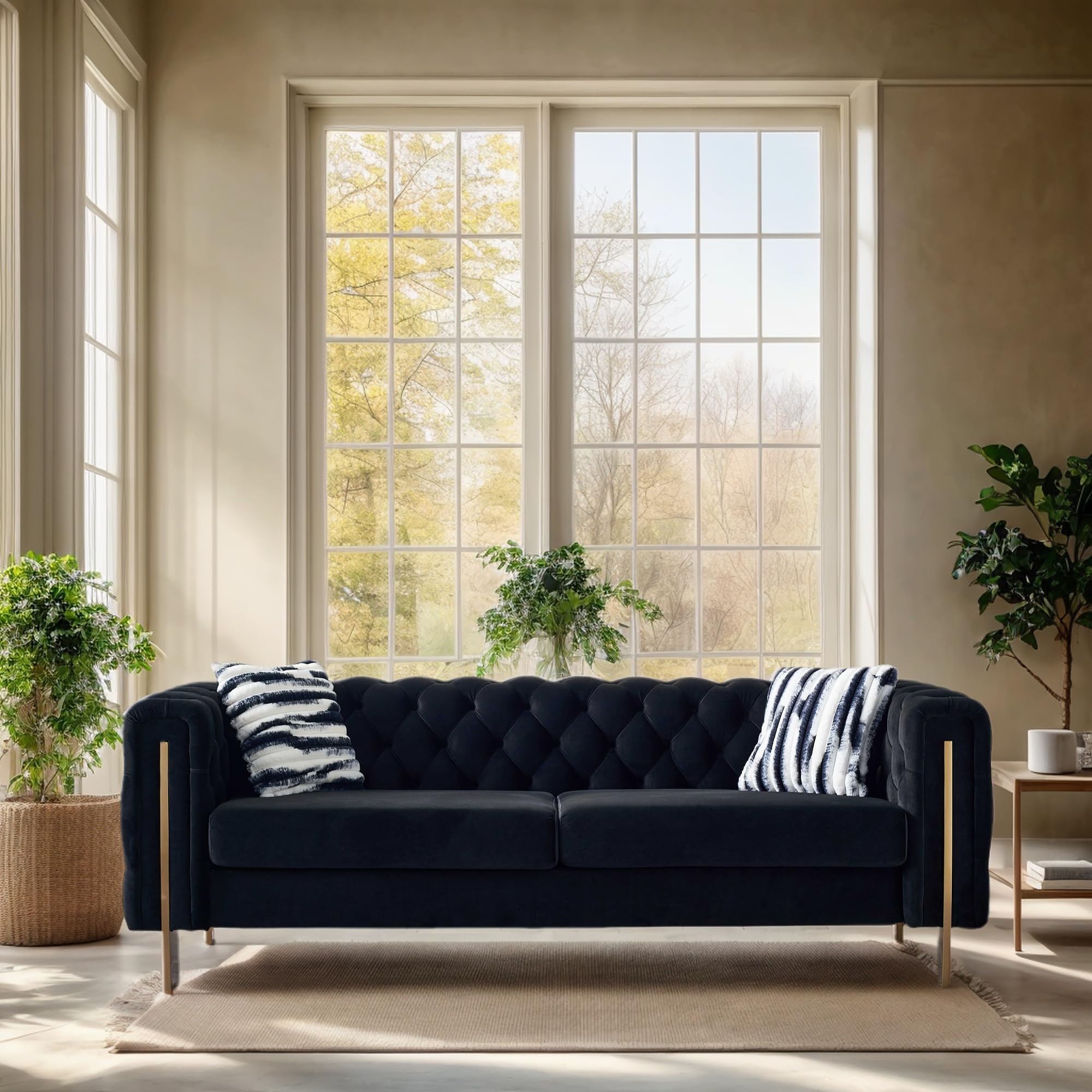 KEIKI 84" Chesterfield Velvet Tufted Button Sofa with Removable Cushions and 2 Toss Pillows, Modern 3-Seater Couch with 4 Gold Metal Legs, Easy Assembly, for Living Room, Bedroom, Apartment, Black