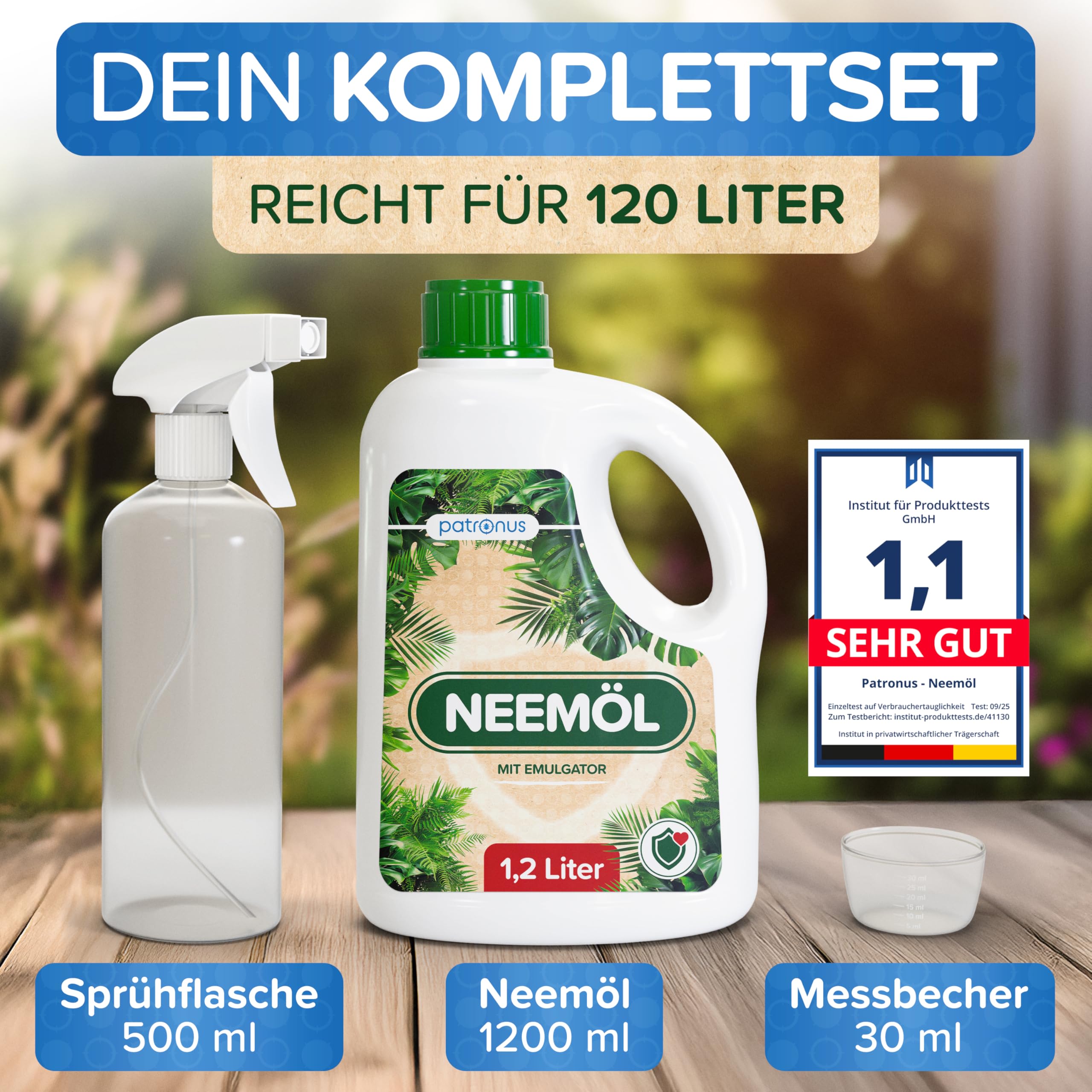 Huile de neem naturelle avec émulsifiant 1200 ml – Avec flacon pulvérisateur et verre doseur – Donne 120 l d'huile de neem en spray – Huile de Neem pour l'entretien naturel des plantes pour