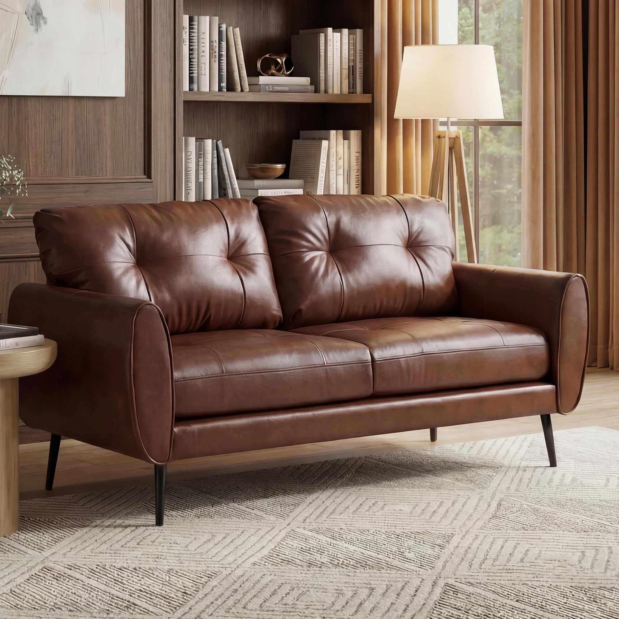 ROCSUMOO Kleiner 2-Sitzer-Sofa, Modernes Brauner Ledersofa, Comfy 2-sitzige Couch kunstledercouch 2er für Kleinwohnungen Wohnzimmer Schlafzimmer (Braun, 1er Set)