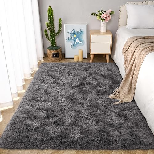 Miniatura 2 de Unirea Alfombras de área esponjosas de 4 x 6 para dormitorio, alfombra de pelo largo súper suave, alfombra de felpa gris oscuro para interiores,