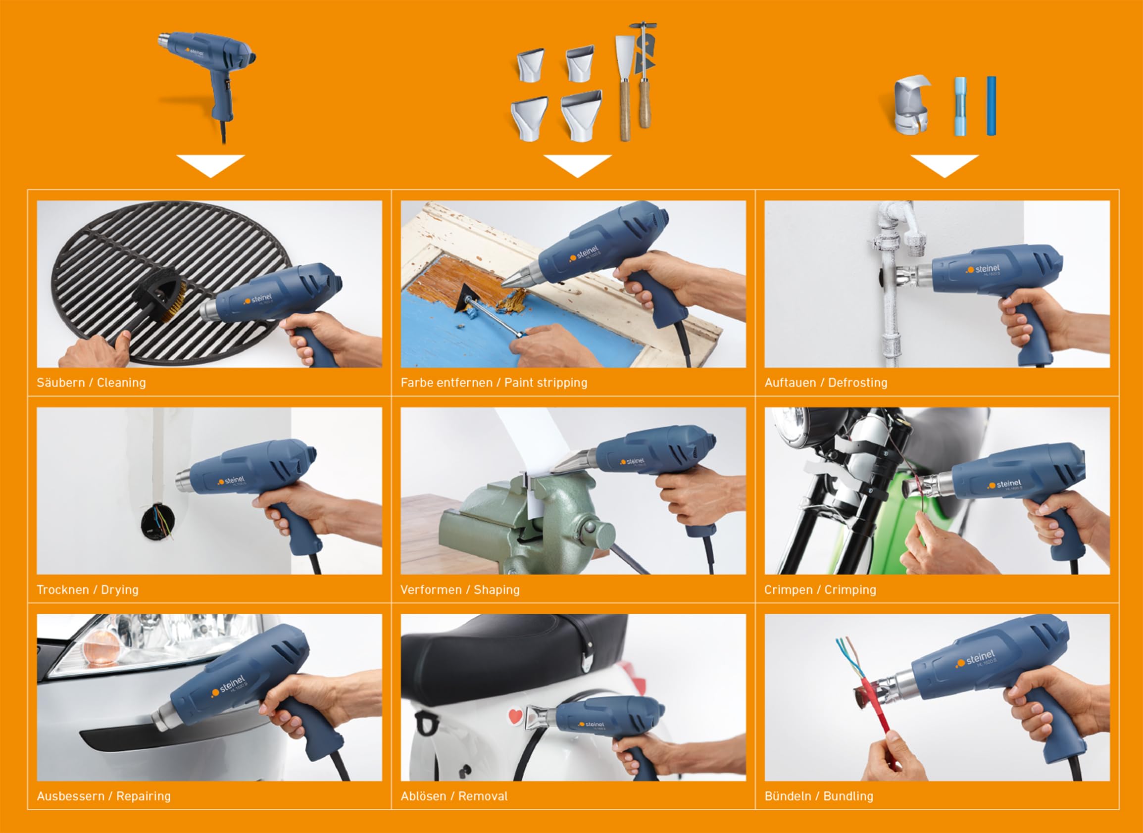 Steinel HL 1620 E - Pistola de aire caliente, Potencia de 1600 W, Temperatura de 300 °C o 500 °C, Caudal de 2 niveles 240/450 l/min, Pistola de calor con un peso de solo 670 g, 351106