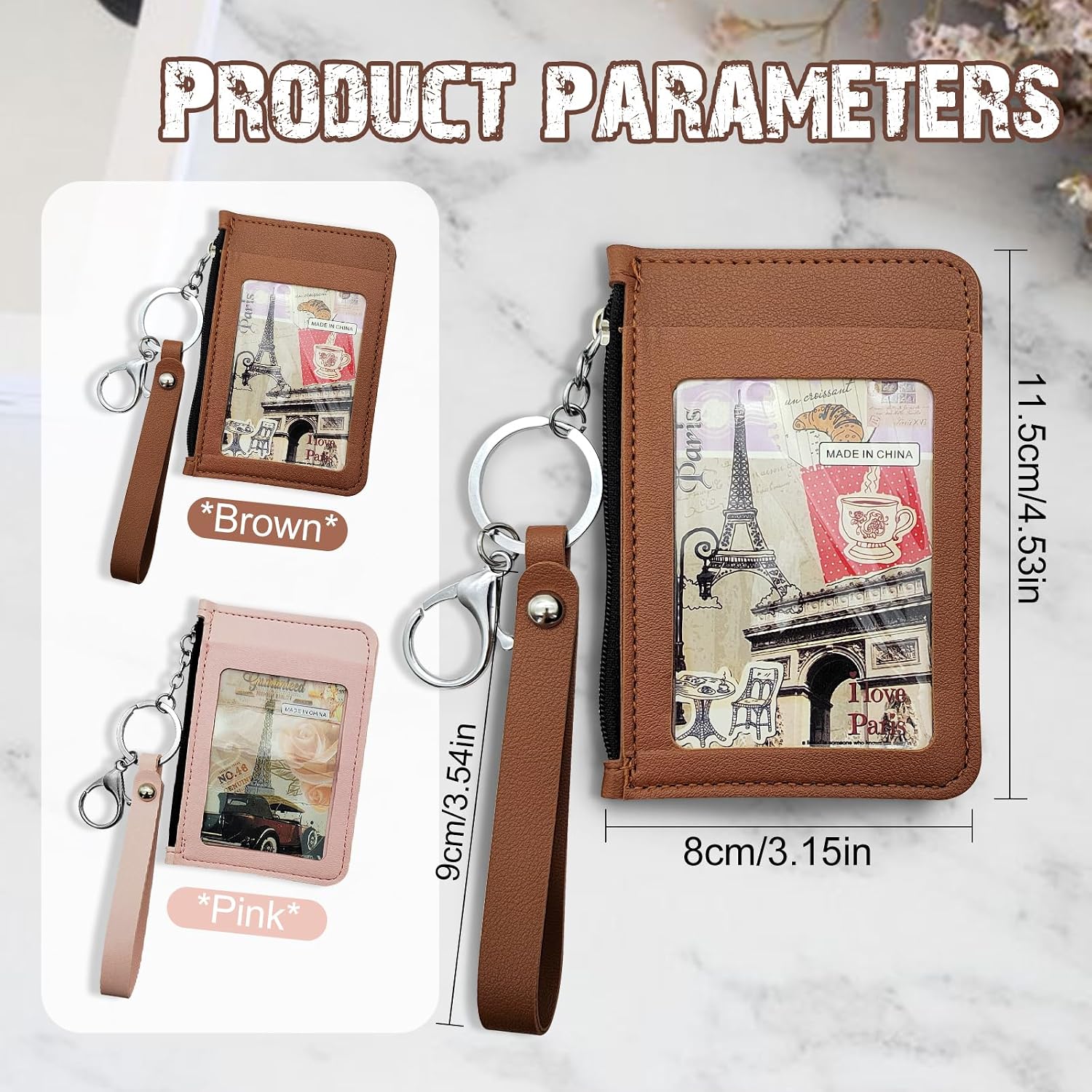 Slim Minimalist Front Pocket Wallet, Leather Credit Card Holder with Zipper, Keychain Wallet for Women Men (Brown)