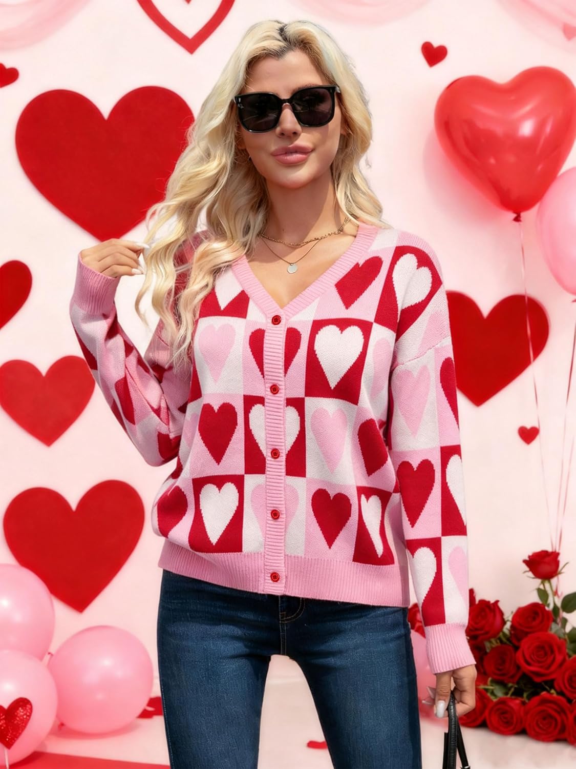 NEWWEN Valentines Cardigan Sweaters for Women Heart Graphic Knit Sweater Button Down V Neck Open Front Outerwear - Image 6