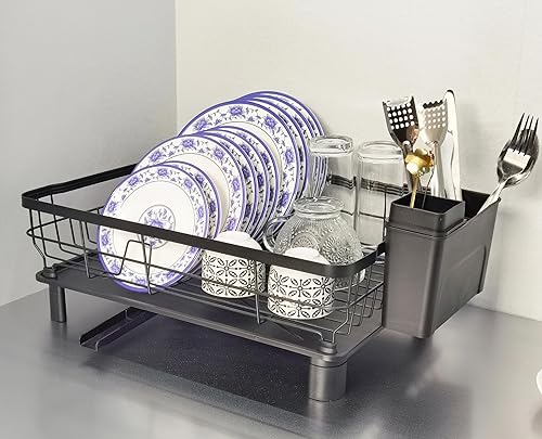 Miniatura 1 de Escurridor de platos, escurridor de platos de metal con drenaje, organizador de fregadero de cocina, coladores de platos para encimera de cocina,