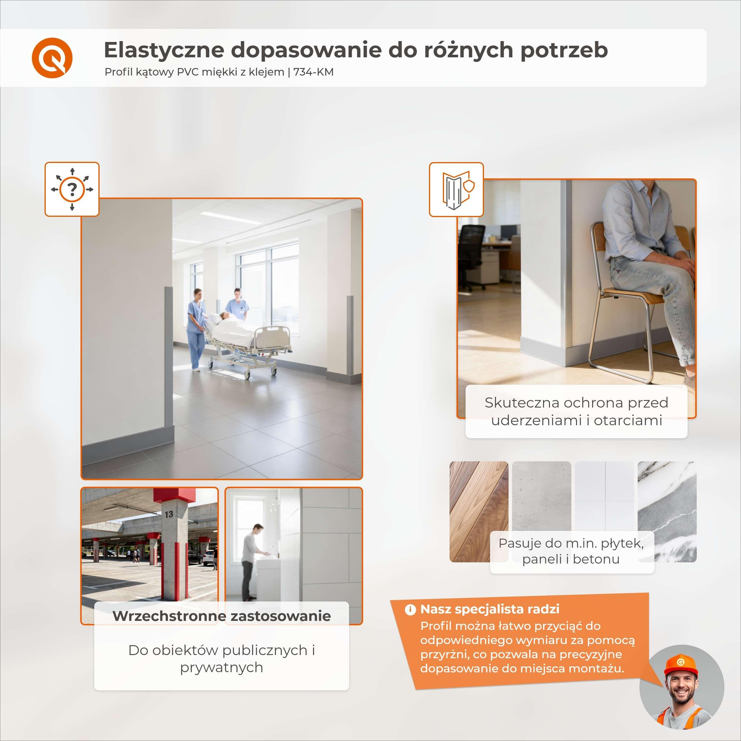 QUEST Kątownik miękki PVC 35x35 mm samoprzylepny, ochronny profil L kątowy, narożnik odbojnikowy z klejem, ciemnoszary, 90 cm