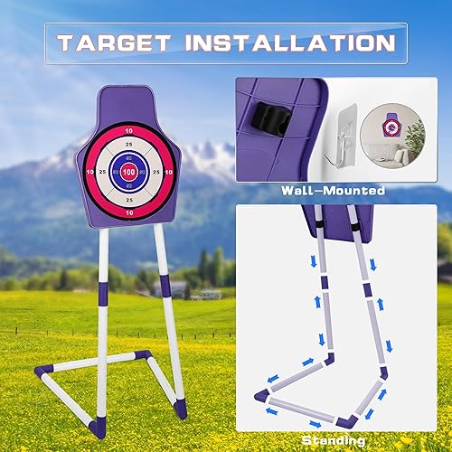 Miniatura 37 de Juego de juguetes de tiro con arco para niños, juego de arco y flecha con luz LED con 10 flechas de ventosa, objetivo de pie y carcaj