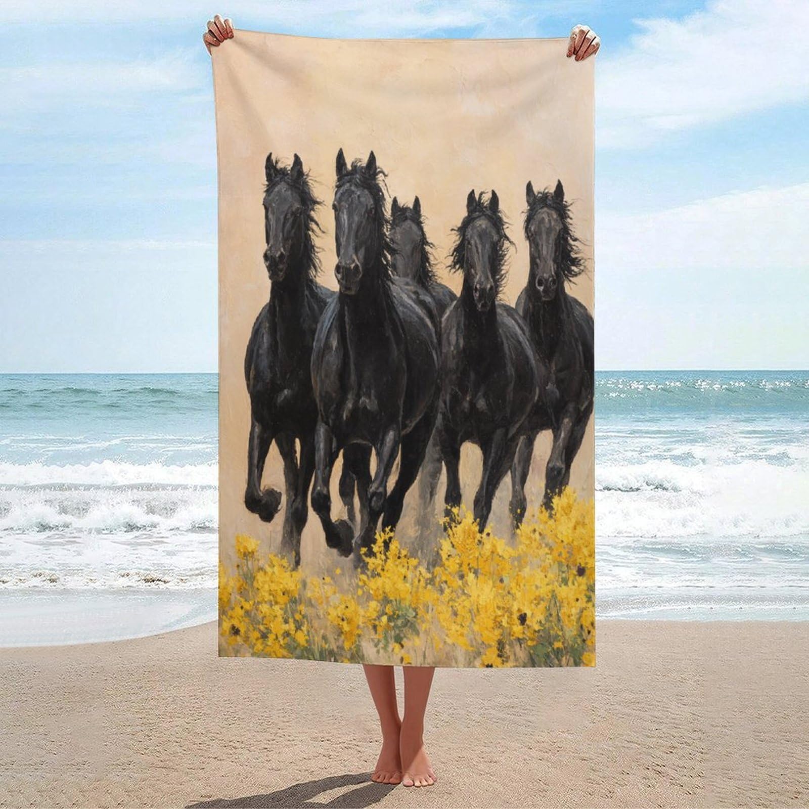 LSRCPD Five Black Horses Running Flowers Beach Towel Sand Free Microfiber Large Shower Towels Multipurpose Absorbent for Bathroom Pool 130x80 CM