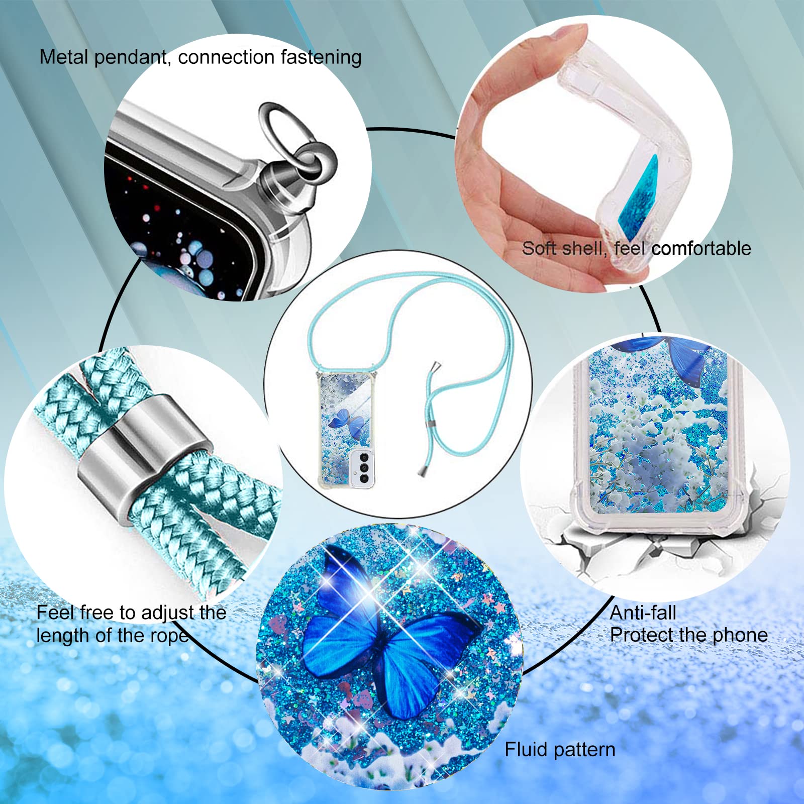 XCYYOO Beschermhoes met koord voor Xiaomi Redmi Note 14 Pro 5G met standaard, transparante bescherming, kristal, glitter, siliconen, met halsketting, schokbestendig, beschermhoes voor Xiaomi Redmi