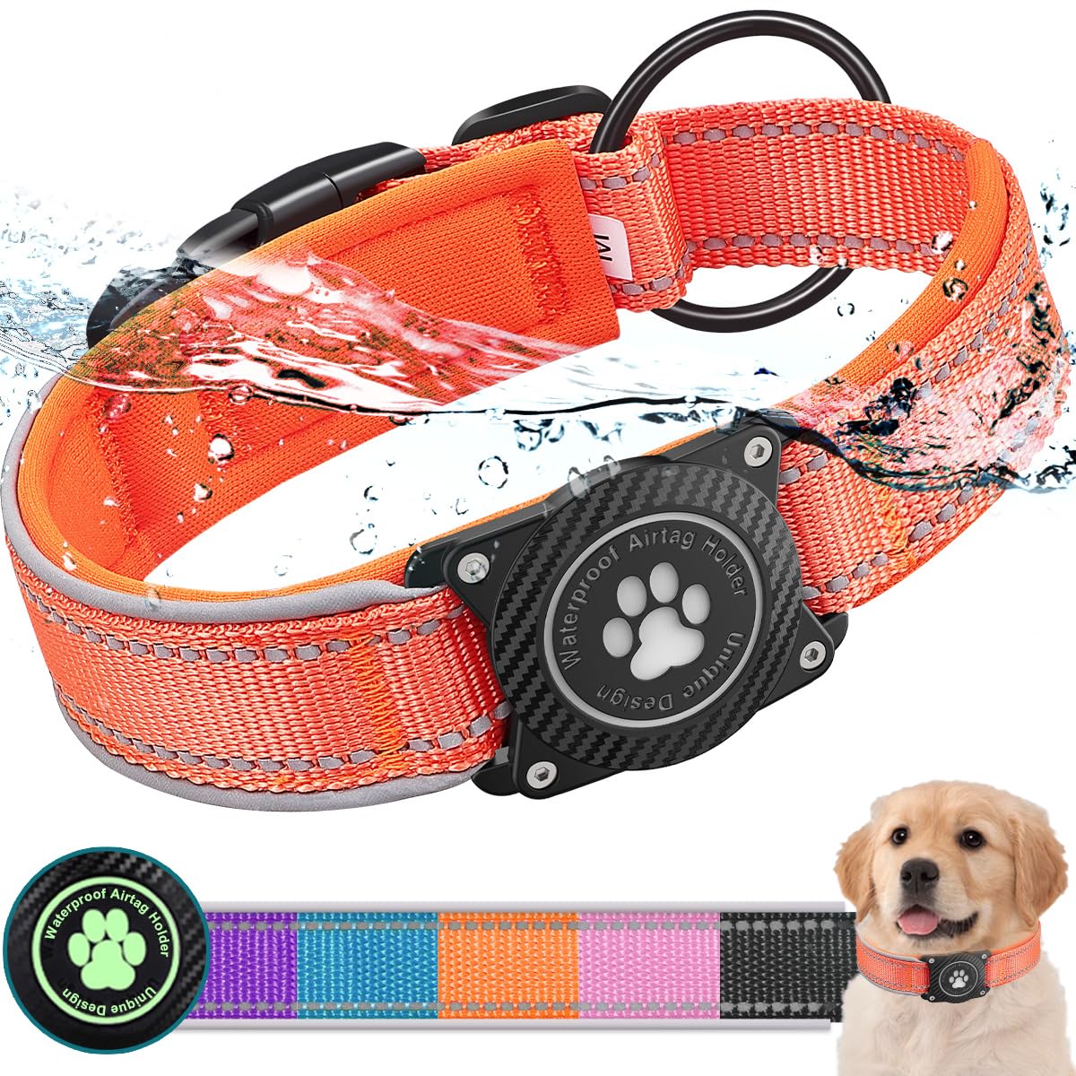 OKVSKO Airtag Dog Collar with Waterproof Air Tag Holder, Luminous Reflective, Soft Padded, Adjustable Nylon Pet Collar for Small Medium Large Heavy