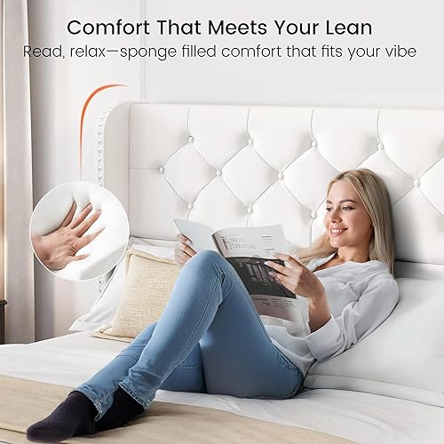 Miniatura 57 de LARMACE - Marco de cama tamaño King con 4 cajones de almacenamiento y cabecera tapizada con botones, cama de plataforma tapizada en lino con